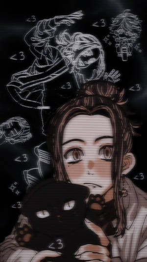動漫女孩抱著黑色貓咪玩偶，周圍有發光的白色草圖。 — 可愛貓咪 壁紙