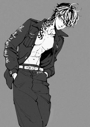 動漫男性角色，帶有紋身和夾克，採用單色素描風格。 — IQOO Pad 壁紙