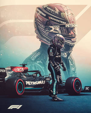 一級方程式車手身穿賽車服站在他的Petronas賽車旁，帶有紅色和藍綠色細節。