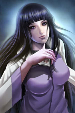 長長黑髮和紫色眼睛的動漫女孩，將一個小物體靠近胸前。