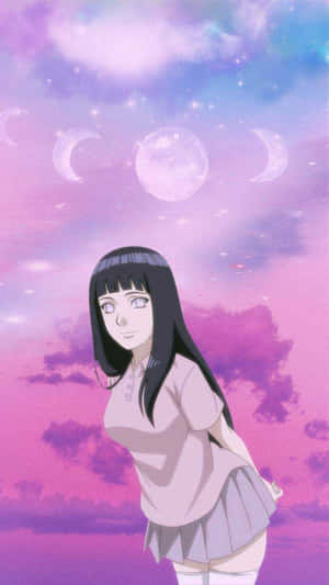 穿著校服的動漫女孩，在有多個月亮和星星的紫色天空下。