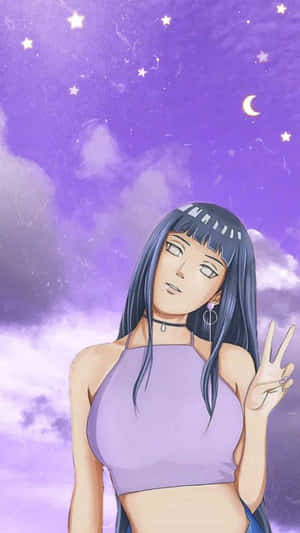 黑髮紫上衣的動漫女孩在星空下比出和平手勢。 — 火影忍者 壁紙
