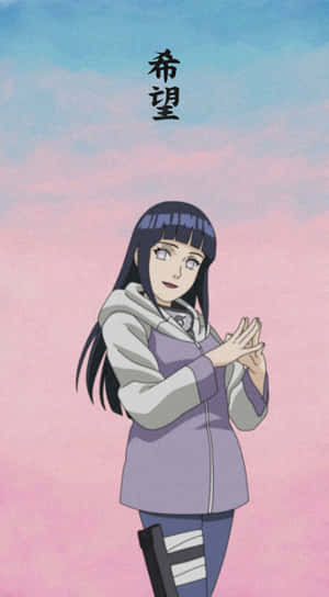 動漫女孩，紫色服裝，深色頭髮，粉紅藍色天空，日文文字希望。