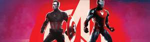 美國隊長和鐵甲奇俠以超級英雄姿勢，背景為紅色和粉紅色。