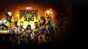 Marvel Midnight Suns 遊戲封面，英雄們穿著熾熱的金色盔甲。