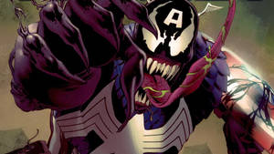 Venom 穿著美國隊長的戰衣，眼睛發光，牙齒鋒利。 — 復仇者聯盟標誌 壁紙