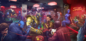 Marvel 角色在充滿活力的霓虹酒吧中社交，有桌球枱和飲料。 — 漫威超級英雄 壁紙