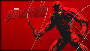 Daredevil 超級英雄身穿紅色戰衣，以漫畫風格手持警棍。