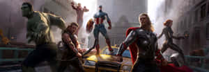Marvel 超級英雄在有一輛黃色的士的城市街道上行動。