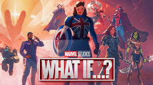Marvel What If?海報，英國隊長與平行宇宙英雄以動感姿勢呈現。