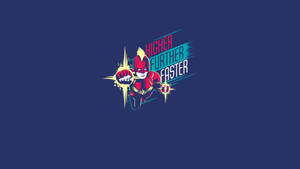 藍色背景上帶有higher further faster文字的超級英雄圖形