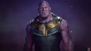 Thanos 身穿深色盔甲，周圍有發光的餘燼漂浮。