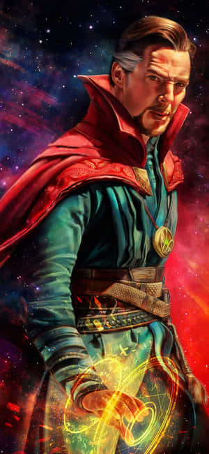 奇異博士在星光閃爍的宇宙背景下施展發光的魔法咒語。