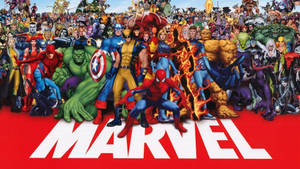 一大群漫威超級英雄和反派在紅色背景上一起擺姿勢，並帶有MARVEL標誌。