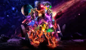 Marvel 超級英雄和反派在一個宇宙戰鬥場景中，帶有熾熱的能量和星光背景。