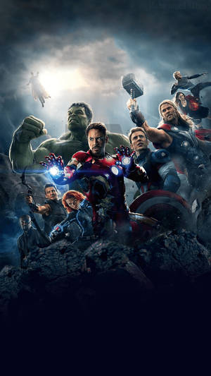 復仇者聯盟團隊在暴風雨背景下，以發光武器和戲劇性燈光英勇擺姿勢。 — 復仇者聯盟 壁紙
