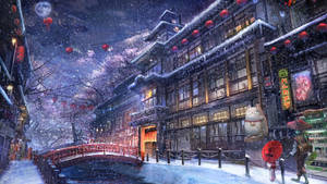 雪夜的日本街道，閃耀的燈籠、櫻花和貓雕像。 — 動漫城市 壁紙