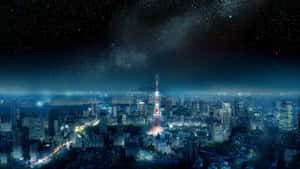 夜晚的東京城市景觀，燈火通明的建築物和帶有銀河的星空。