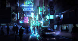 霓虹燈城市街道夜景，帶有雨水反射和發光招牌。