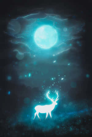 在魔法般的夜林中，藍月下的一隻發光鹿。 — 鹿 壁紙
