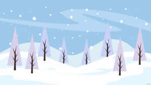 藍天下有紫色松樹和飄雪的雪冬日森林。