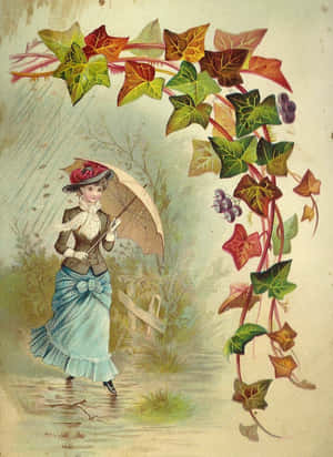 身穿復古連衣裙的女士在雨中場景中，在常春藤拱門下撐傘。