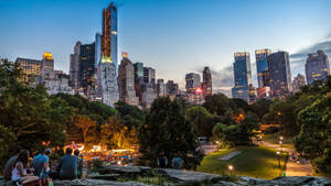人們聚集在公園的岩石上，觀看城市燈光在暮色中亮起。