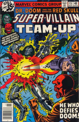 Dr. Doom 和 Red Skull 在漫畫書封面上碰撞，帶有能量爆炸和大膽字體。 — 鎖定螢幕 壁紙