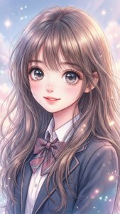 穿著校服的動漫女孩在星空中微笑閃爍 — 漫畫 壁紙