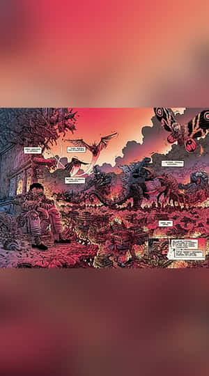 士兵站在廢墟城鎮中，巨型怪物和飛行生物在紅色天空下攻擊。 — 哥斯拉 王者巨獸 壁紙