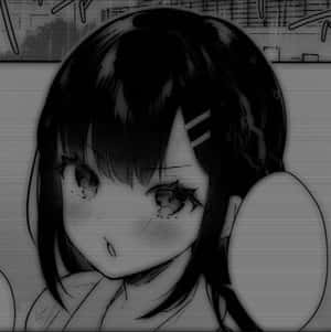 淚眼汪汪的動畫女孩透過像素化屏幕觀看。