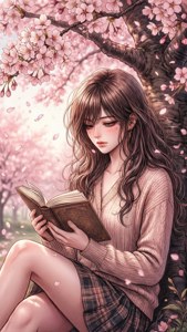 一個女孩在櫻花樹下看書，花瓣飄落。 — 漫畫 壁紙