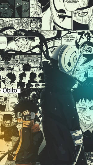 Obito Uchiha 身穿深色斗篷，被漫畫面板和強烈的角色表情包圍。