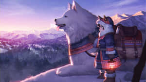 旅行者與白狗在雪山上，暮色中提燈籠 — 可愛狗狗gif 壁紙