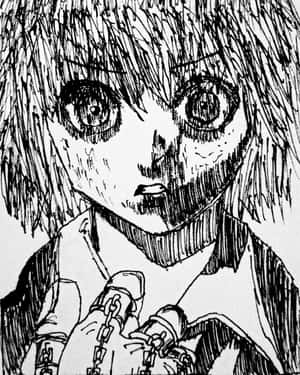 一個驚恐的動漫女孩，頭髮狂野，帶著鎖鏈，以素描風格呈現。 — 古勒比加 壁紙