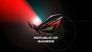 ASUS Republic of Gamers 標誌，帶有紅色和藍綠色燈光效果。