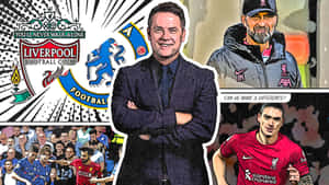 利物浦 FC 領隊和球員的漫畫風格拼貼畫，附有球隊標誌和球迷。