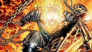Ghost Rider 在火焰電單車上，帶著鏈條和骷髏頭。