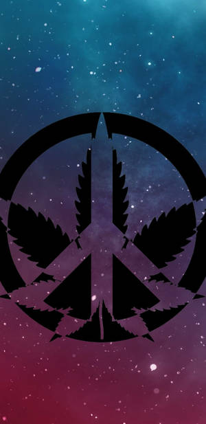 在繁星點點的宇宙背景下，由大麻葉製成的黑色和平標誌。