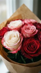 一束紅、粉紅和奶油色玫瑰，用棕色紙包裹。 — 漸變色 壁紙