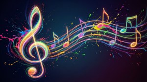 霓虹音樂音符和高音譜號在深色背景上帶有油漆飛濺