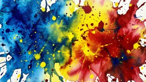 白色背景上大膽的藍色、黃色和紅色水彩顏料潑濺 — 漸變色 壁紙