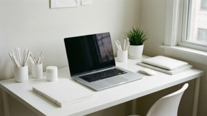 窗邊簡約白色書桌，配有手提電腦、筆記本和植物 — 白色美學gif 壁紙