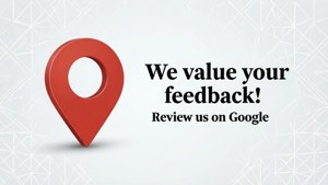 紅色位置圖釘圖示，附有在幾何背景上要求Google評論的文字。