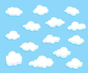 白色卡通雲朵漂浮在淺藍色天空中。