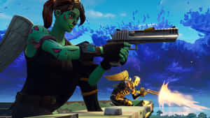 兩個帶有天使翅膀的Fortnite角色在戰鬥場景中開槍射擊。 — iMac 壁紙