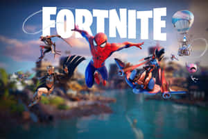 Fortnite角色飛越城市和水面，帶有遊戲標誌。 — 要塞英雄 大逃殺 壁紙