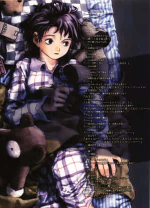 穿著格仔睡衣的動漫男孩躺在床上，抱著泰迪熊，旁邊有日文字。 — Oppo Pad 4 Pro 壁紙