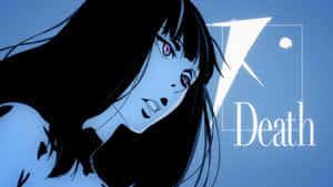 紫色眼睛和黑髮的動漫女孩，旁邊有「Death」字樣和一個白色符號。
