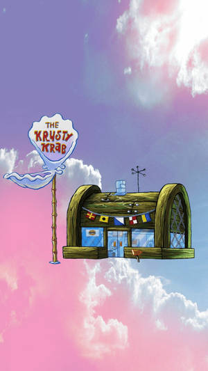 漂浮的 Krusty Krab 餐廳，在粉彩天空中有招牌。 — 超自然 GIF 壁紙